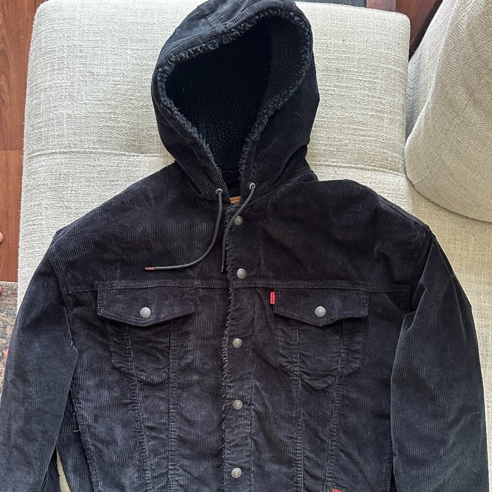 Levis Justin Timberlake Corduroy Trucker Jacket Mens M Sherpa Lined Black Hooded
